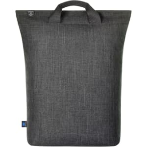 A grey laptop backpack with a simple, modern design and a carrying handle, featuring a logo on the side.