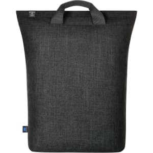 A laptop backpack in black fabric with a minimalist design and a top handle, featuring a logo.