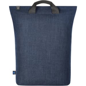 A laptop backpack in dark blue fabric, featuring carrying handles and a logo. Simple and modern design.