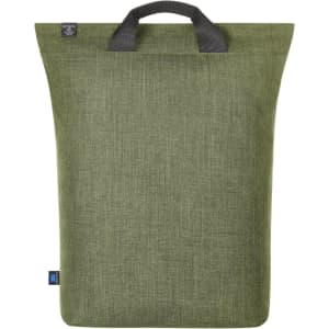 A green laptop backpack with a textured fabric finish and a top handle. It features a branding logo.