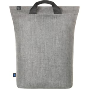 A grey laptop backpack featuring a minimalist design and a top handle, with branding visible.