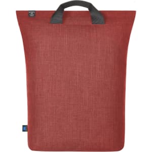 A red laptop backpack with a textured finish and a top handle, featuring a logo on the side.