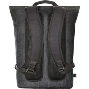 A grey laptop backpack featuring padded, breathable straps and a sleek design. It includes a logo on the back.