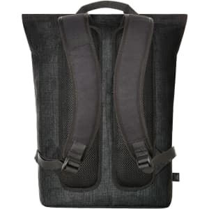 A black laptop backpack with padded mesh straps and a minimalist design, featuring a branded logo.