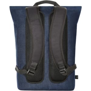 A blue laptop backpack with padded black straps and a mesh back for comfort. It features a logo on the side.