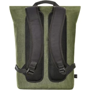 A green laptop backpack featuring padded black straps and a sleek design, with a logo visible.