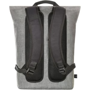 A grey laptop backpack featuring black mesh padded straps and a stylish design. Includes a branding logo.