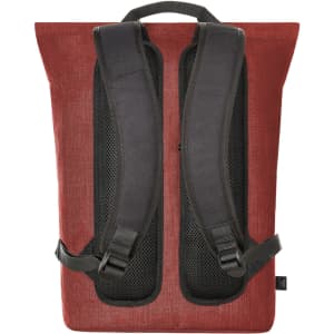 A red laptop backpack featuring padded black shoulder straps and a sleek, modern design. It has a logo on the front.