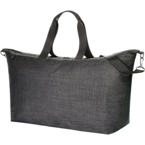 A dark grey duffle bag with sturdy handles and a zip closure, featuring a branding logo.