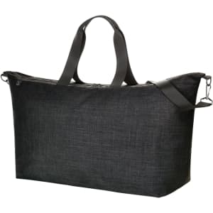 A black duffle bag with sturdy handles and a sleek design. Includes a logo on the front.