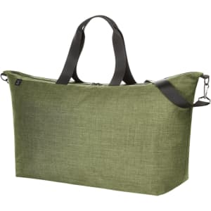 A green duffle bag with black handles and a zipper, featuring a logo on one side.