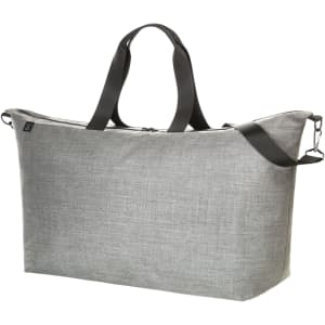 A grey duffle bag with dual handles and a shoulder strap, featuring a subtle texture and a branding logo.