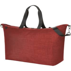 A red duffle bag with black handles and a zipper, featuring a branded logo.