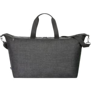 A grey duffle bag with dual handles and an adjustable shoulder strap, featuring a branded logo.