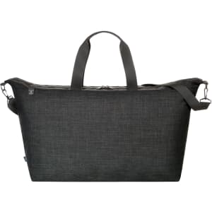 A large black duffle bag with sturdy handles and an adjustable shoulder strap, featuring a logo.