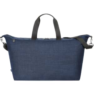 A navy blue duffle bag with sturdy handles and a detachable shoulder strap, featuring a logo.