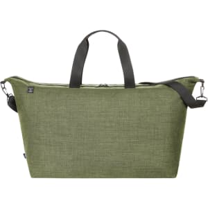 An olive green duffle bag with black handles and a removable shoulder strap, featuring a branding logo.
