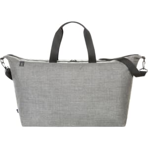 A grey duffle bag with a zip closure and dual handles, featuring a removable shoulder strap and a logo.