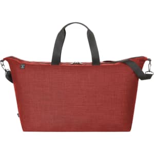 A red duffle bag with black handles and a shoulder strap, featuring a logo.