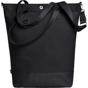 A black tote bag with a shoulder strap and a logo at the front, featuring a simple and sleek design.