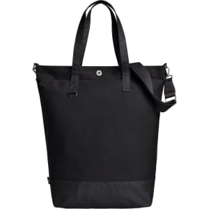 A black tote bag with two handles, a detachable shoulder strap, and a logo on the front.
