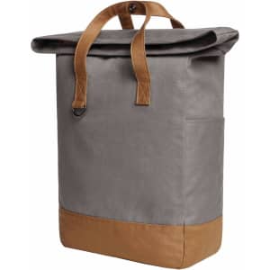 A grey backpack with a tan bottom and handles, featuring a side pocket and a logo.