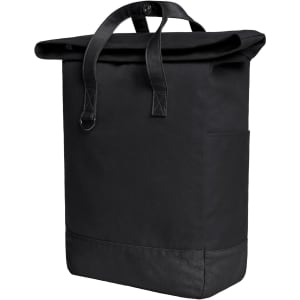 A black backpack with a roll-top design, featuring sturdy handles and a side pocket. It has a minimalist and sleek appearance.