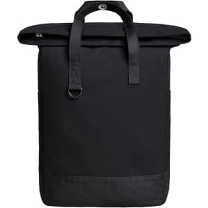 A black laptop backpack with a roll-top design and straps, featuring a logo on the front.