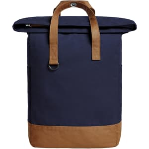 A navy blue backpack with tan accents and sturdy straps, featuring a top zip closure and side pockets.