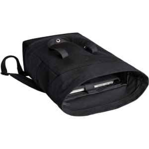 A black laptop backpack featuring a spacious interior and dual handles. It includes a pocket for a device and has a logo.