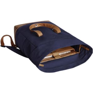 A navy and tan laptop backpack featuring a large main compartment and a logo on the front.