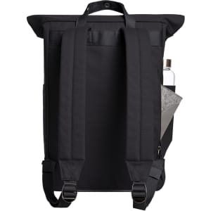 A black laptop backpack with adjustable straps and a side pocket containing a drink bottle and a grey item.