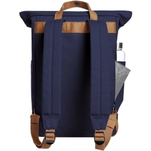 A navy blue backpack with brown accents, featuring adjustable straps and pockets for a drink bottle and a tablet.