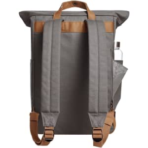 A grey backpack with brown accents, featuring padded straps and a side pocket for a drink bottle.