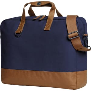 A navy blue laptop bag with brown accents, featuring sturdy handles and a detachable shoulder strap.
