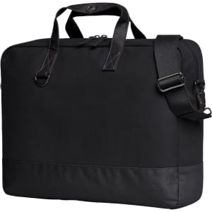 A black laptop bag with handles and an adjustable shoulder strap, featuring a smooth exterior and a logo.