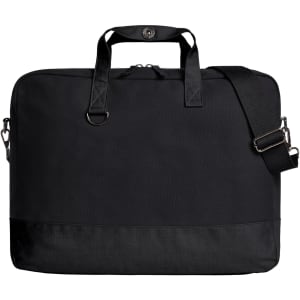 A black laptop bag featuring handles and an adjustable shoulder strap, with a large main compartment and branding.