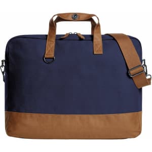 A laptop bag in navy blue with a tan base, featuring handles and a detachable shoulder strap. It has a logo.