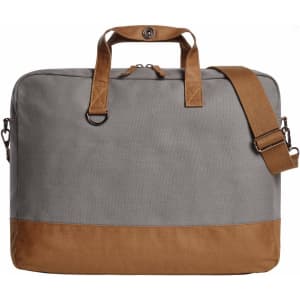 A grey laptop bag with a tan bottom and handles, featuring a shoulder strap and a branding logo.