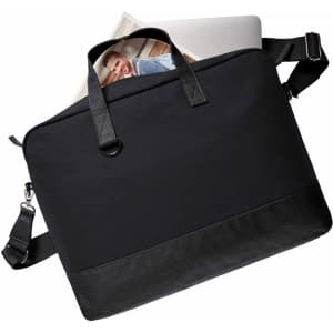 A laptop bag in black with a leather base, featuring handles and a detachable shoulder strap. It has a logo.