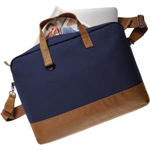 A laptop bag in navy blue and tan, featuring a shoulder strap and handles, with a laptop partially visible inside.