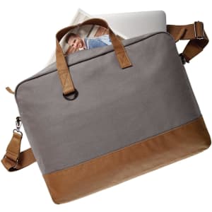 A grey laptop bag with tan accents, featuring a carrying handle and adjustable shoulder strap. It contains a laptop and documents.