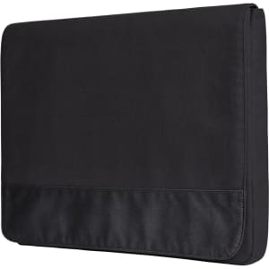 A black laptop bag with a smooth finish and a flap closure. It features a logo on the front.