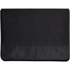 A black laptop bag with a smooth surface and rounded edges, featuring a subtle logo.