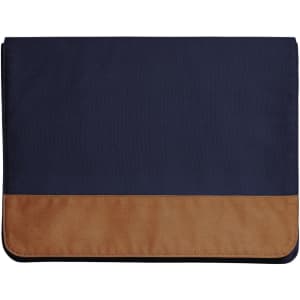 A laptop bag featuring a navy blue upper section and a tan lower section, with a logo present on the surface.