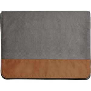 A laptop bag featuring a grey fabric body and a tan leather bottom. It includes a logo on the exterior.