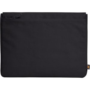 A black laptop bag featuring a zip closure and a simple design with a logo. Ideal for carrying devices securely.