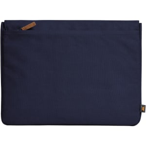 A navy laptop bag with a sleek design and a small logo on one side.