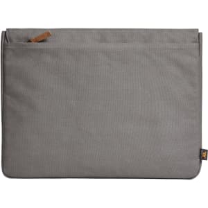 A grey laptop bag with a simple design and a brown leather pull tab, featuring a logo on the side.