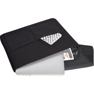 A black laptop sleeve with a zip, featuring a patterned pocket and a silver laptop partially visible inside.
